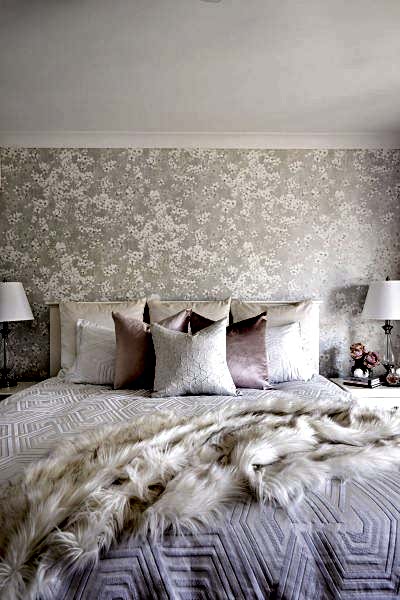 Romo Floris Miami Mica Wall Covering with Velvet Cushions Custom Made by MotzDesigns Faux Fur Brushed Tips Throw Private Collection Bree Silver Quilt Cover Accessories from Bed Bath & Table